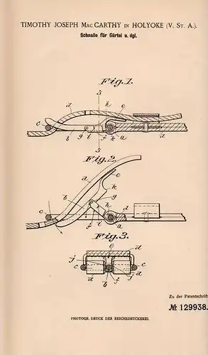 Original Patentschrift - T. Carthy in Holyoke , USA , 1901 , Schnalle für Gürtel !!!