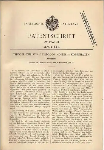 Original Patentschrift - Kelch für Altar , Kirche , 1900 , Th. Möller in Kopenhagen , Prediger !!!