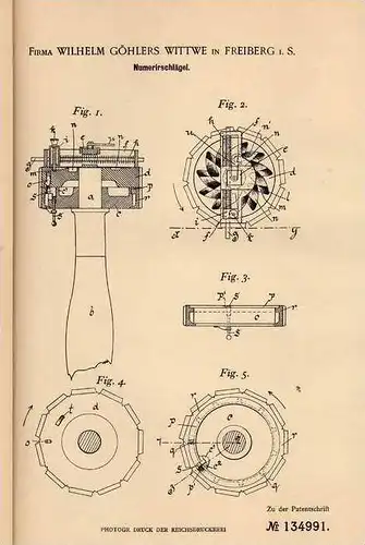 Original Patentschrift - Fa. Göhlers in Freiberg i.S. , 1901 , Nummerierschlägel !!!