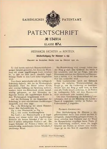 Original Patentschrift - H. Richter in Rinteln , 1901 , Stielbefestigung für Hämmer , Hammer !!!