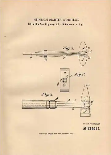 Original Patentschrift - H. Richter in Rinteln , 1901 , Stielbefestigung für Hämmer , Hammer !!!