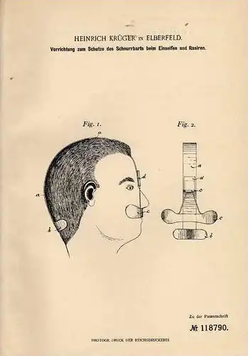 Original Patentschrift - Schutz für Schnurrbart , 1900 , H. Krüger in Elberfeld , Bart , Barbier , Wuppertal , Friseur !