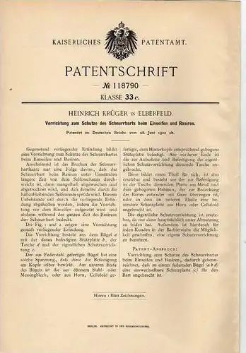 Original Patentschrift - Schutz für Schnurrbart , 1900 , H. Krüger in Elberfeld , Bart , Barbier , Wuppertal , Friseur !