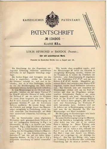 Original Patentschrift - L. Reymond in Bandol , 1901 , Uhr mit unsichtbarem Werk !!!