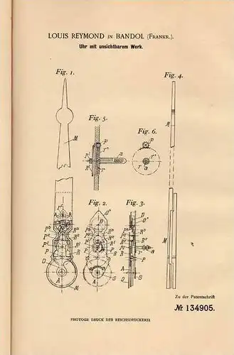 Original Patentschrift - L. Reymond in Bandol , 1901 , Uhr mit unsichtbarem Werk !!!