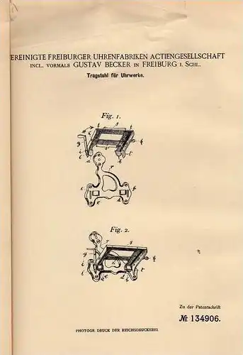 Original Patentschrift - Uhrenfabrik Freiburg i. Schl., 1902 , Tragstuhl für Uhrwerke , Uhrmacher !!!