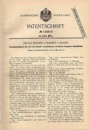 Original Patentschrift - E. Fischer in Eckesey b. Hagen , 1901 , Schraubenschlüssel mit verschiebbaren Backen !!!