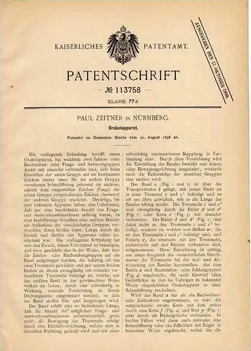 Original Patentschrift - Orakel - Apparat , 1898 , P. Zeitner in Nürnberg , Wahrsagerei , Wahrsager !!!