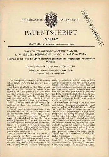 Original Patentschrift - Werkzeugfabrik in Kalk bei Köln , 1884 , Bohrknarre , Bohrer , Knarre !!!