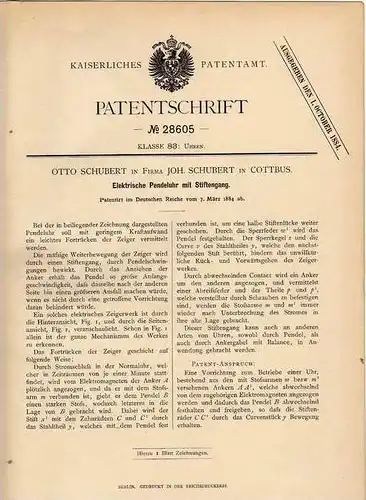 Original Patentschrift - O. Schubert in Cottbus , 1884 , elektrische Pendeluhr mit Stiftengang !!!