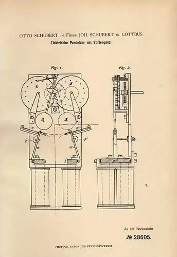 Original Patentschrift - O. Schubert in Cottbus , 1884 , elektrische Pendeluhr mit Stiftengang !!!