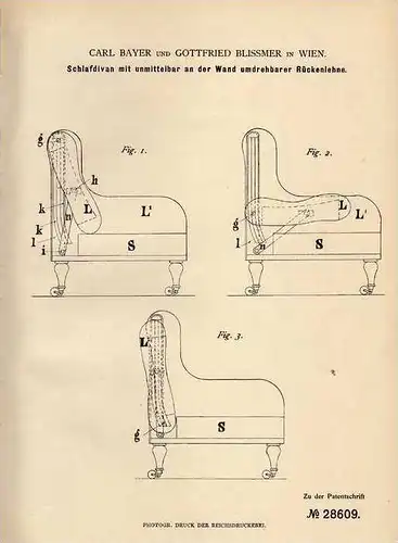 Original Patentschrift - C. Bayer in Wien , 1883 , Schlafdivan , Sessel , Liege !!!