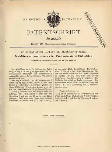 Original Patentschrift - C. Bayer in Wien , 1883 , Schlafdivan , Sessel , Liege !!!