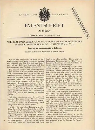 Original Patentschrift - C. Dannecker in Kirchheim u. Teck , 1884 , zusammenlegbare Laterne , Lampe !!!