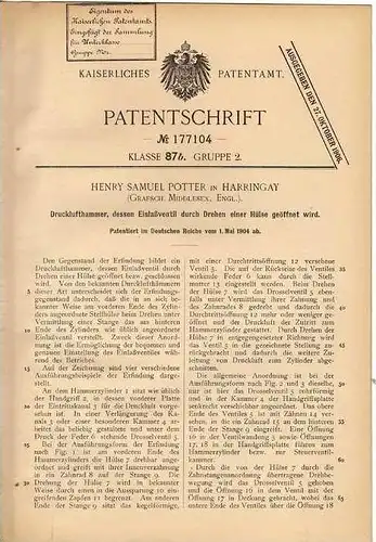 Original Patentschrift - H. Potter in Harringay , 1904 , Drucklufthammer !!!