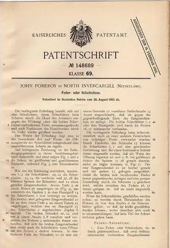Original Patentschrift - J. Pomeroy in North Invercargill , 1902 , Feder- Schafschere , Schere für Schafe , Schäfer !!!