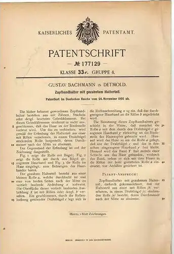 Original Patentschrift - G. Bachmann in Detmold , 1905 , Zopfbandhalter , Halter für Zopf , Frisur , Haar !!!