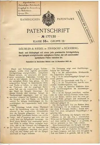 Original Patentschrift - Däumler & Riedel in Zirndorf b. Nürnberg , 1905 , Hand- und Stehspiegel , Spiegel !!!
