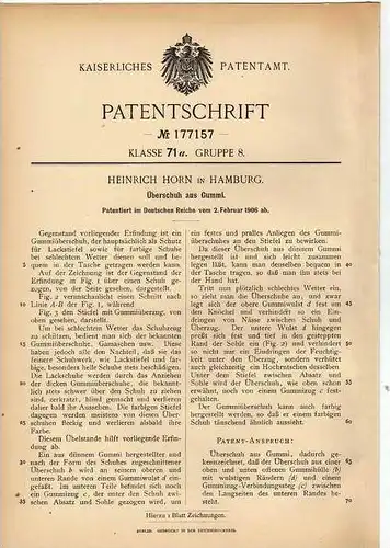 Original Patentschrift - H. Horn in Hamburg , 1906 , Überschuh aus Gummi , Schuhe , Schuster !!!