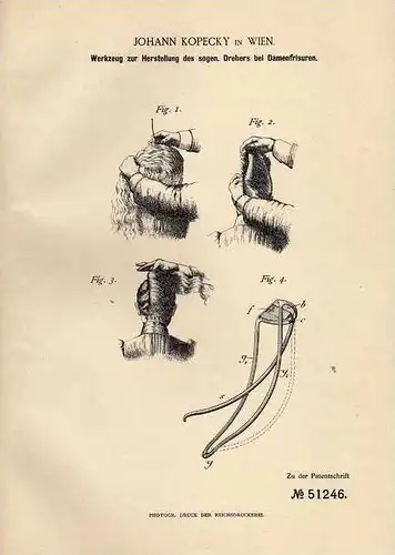 Original Patentschrift - J. Kopecky in Wien , 1889 , Werkzeug für Locken , Friseur , Frisur , Lockenwickler !!!
