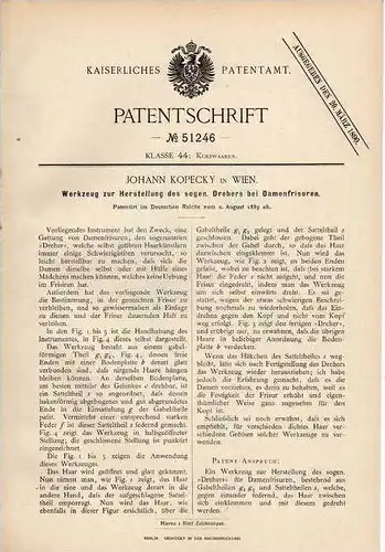 Original Patentschrift - J. Kopecky in Wien , 1889 , Werkzeug für Locken , Friseur , Frisur , Lockenwickler !!!