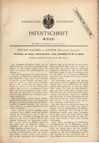 Original Patentschrift - T. Macneill in London , 1889 , Schmierung mit Oel von Lampen , Laterne !!!