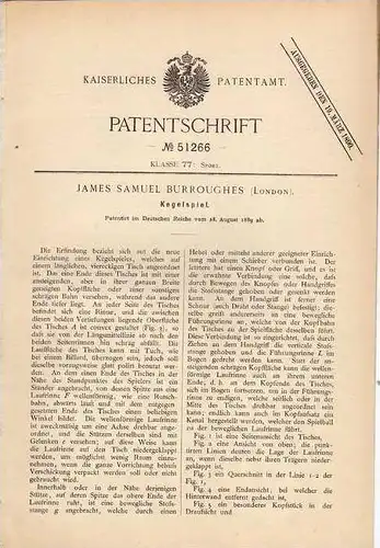 Original Patentschrift - J. Burroughes in London , 1889 , Kegelspiel , Kegel , Kegeln , Bowling !!!