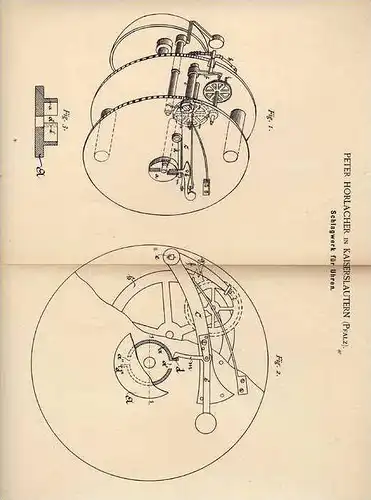 Original Patentschrift - P. Horlacher in Kaiserslautern , 1889 , Schlagwerk für Uhren !!!