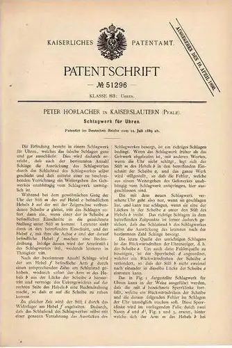 Original Patentschrift - P. Horlacher in Kaiserslautern , 1889 , Schlagwerk für Uhren !!!