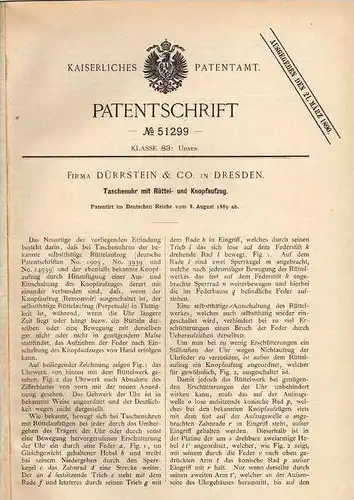 Original Patentschrift - Fa. Dürrstein & Co in Dresden , 1889 , Taschenuhr mit Rüttel- und Knopfaufzug !!!