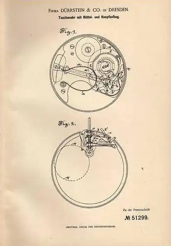 Original Patentschrift - Fa. Dürrstein & Co in Dresden , 1889 , Taschenuhr mit Rüttel- und Knopfaufzug !!!