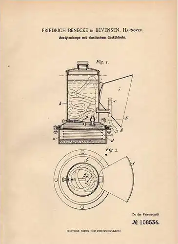 Original Patentschrift - F. Benecke in Bevensen b. Hannover , 1899 , Acetylenlampe mit Gaskühlrohr !!!
