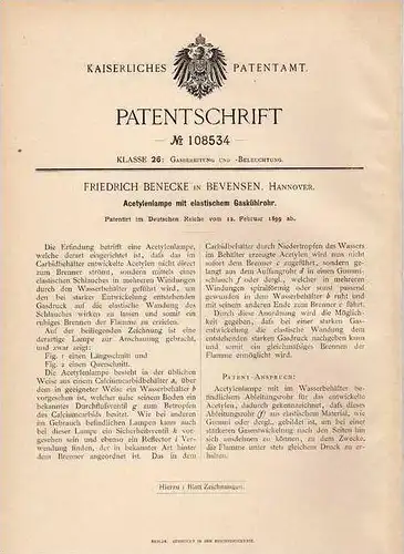 Original Patentschrift - F. Benecke in Bevensen b. Hannover , 1899 , Acetylenlampe mit Gaskühlrohr !!!