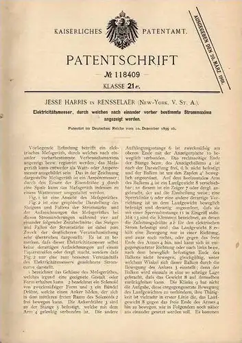 Original Patentschrift - J. Harris in Rensselaer , USA , 1899 , Elektricitätsmesser !!!