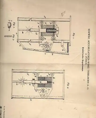 Original Patentschrift - Accumulatorenwerk Tribelhorn AG in Zürich , 1900 , Elektrische Bogenlampe !!!