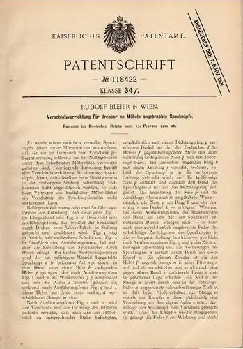 Original Patentschrift - R. Bleier in Wien , 1900 , Spucknapf an Möbeln , Spucknäpfe !!!