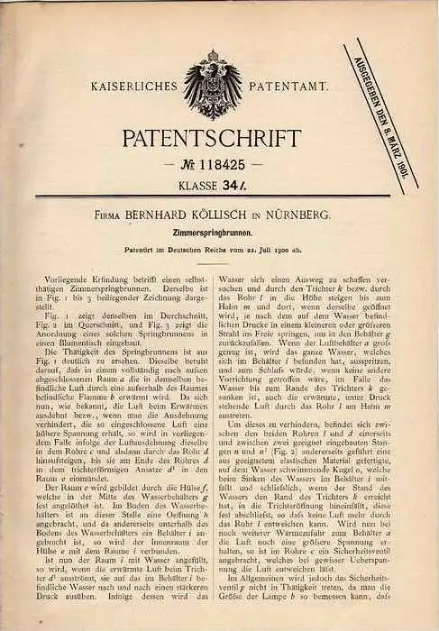 Original Patentschrift - Zimmerspringbrunnen , 1900 , Fa. Köllisch in Nürnberg , Springbrunnen !!! 0