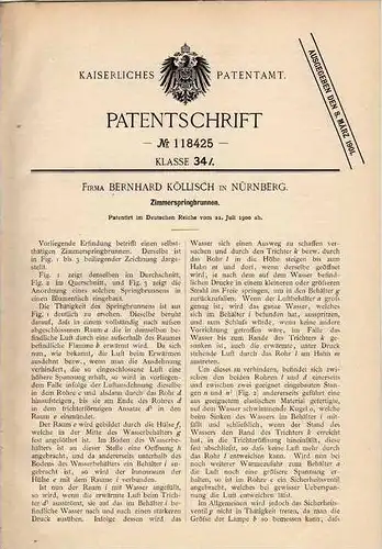 Original Patentschrift - Zimmerspringbrunnen , 1900 , Fa. Köllisch in Nürnberg , Springbrunnen !!!