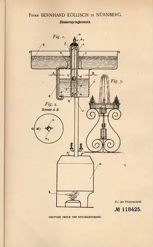 Original Patentschrift - Zimmerspringbrunnen , 1900 , Fa. Köllisch in Nürnberg , Springbrunnen !!!