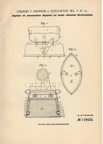 Original Patentschrift - Ch. Johnson in Stoughton , 1900 , Bügeleisen !!!