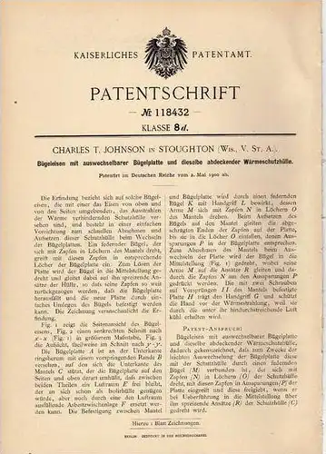 Original Patentschrift - Ch. Johnson in Stoughton , 1900 , Bügeleisen !!!