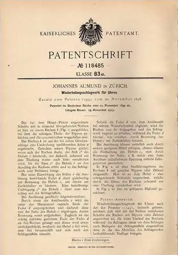 Original Patentschrift - J. Aumund in Zürich , 1899 , Schlagwerk für Uhren , Uhrmacher !!!