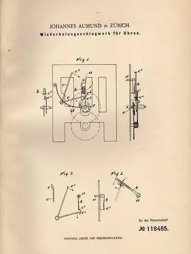 Original Patentschrift - J. Aumund in Zürich , 1899 , Schlagwerk für Uhren , Uhrmacher !!!