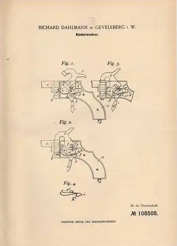 Original Patentschrift - R. Dahlmann in Gevelsberg i.W., 1898 , Revolver für Kinder , Pistole !!!