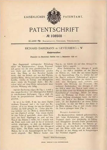 Original Patentschrift - R. Dahlmann in Gevelsberg i.W., 1898 , Revolver für Kinder , Pistole !!!