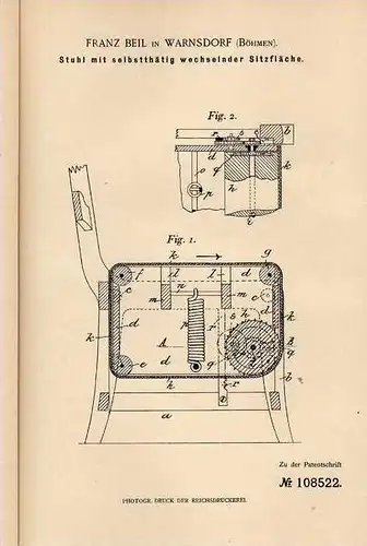 Original Patentschrift - F. Beil in Warnsdorf , Böhmen , 1899 , Stuhl mit wechselnder Sitz , Varnsdorf !!!