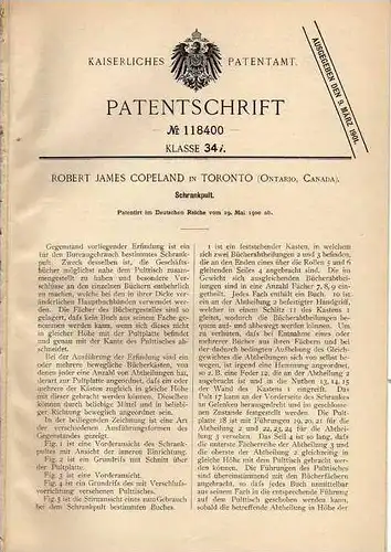 Original Patentschrift - R. Copeland in Toronto , 1900 , Schrankpult , Schrank , Pult  !!!