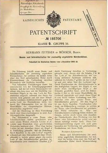 Original Patentschrift - H. Fitterer in Mörsch , Baden , 1906 , Besen - und Schrubberhalter !!!