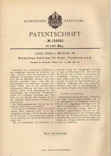 Original Patentschrift - J. Esch in Beckum i.W. , 1900 , Stuhl und Tischbeine , Unterlage !!!