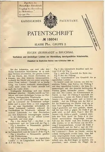 Original Patentschrift - E. Leonhardt in Bruchsal , 1906 , durchgenähtes Schuhwerk , Schuhe , Schuster !!!